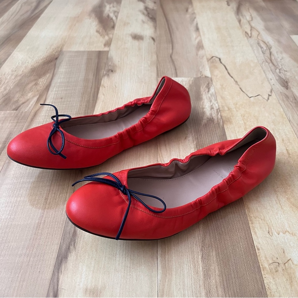 J.Crew Emma Ballet Flats Women's Size 9 1/2 Leather Orange Blue Bow Round Toe